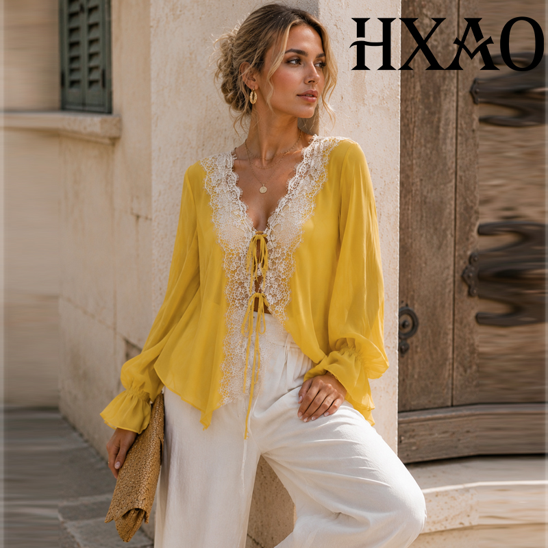 HXAO Ties Lace Up Women's Blou - Sewing V 评论和价格